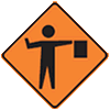 Orange diamond with black border and an image of person holding up a sign and waving