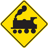 Permanent warning traffic sign showing a smoking train icon.