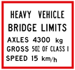 Regulatory traffic sign which says heavy vehicle bridge limits. The next line says axles 4300 kg. Next line says gross 50% of class 1. The last line says speed 15 km/h. The sign has a red square border.