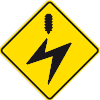 Permanent warning traffic sign showing an electrical cable with a lighting flash icon and is on a yellow background.