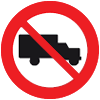 Regulatory traffic sign with a red strike on a truck icon and it has a circular red border