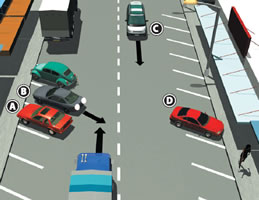 In this diagonal parking on both sides of the street scenario, the main hazard is the black car that’s trying to reverse out of its park but visibility is limited due to parked vehicles alongside it. The car is about to move into the direct path of a heavy vehicle that is fast approaching.