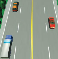 On a two-lane road, a heavy vehicle is following an orange car on the left lane and at the same time a red car is seen moving on the opposite two-lane. There is a double yellow line in the middle dividing four lanes.