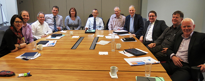 The Governance Group of the Road Efficiency Group at their August meeting in Wellington. From left, Jenny Chetwynd (NZTA), Paul Glucina (Director, REG), Jim Harland (NZTA), Vaughn Crowther (ONRC Performance Measures Development Manager), Julie Muir (Central Otago District Council), Brian Roche (REG Chair), David Darwin (NZTA), David Brash (NZTA), Malcolm Alexander (LGNZ), David Fraser (LGNZ), Tony McCartney (Auckland Transport).