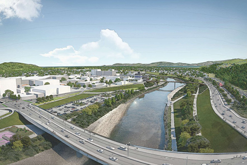Artists impression of the Riverlink project, showing a large bridge with traffic over the river and buildings and roads along the sides of the river