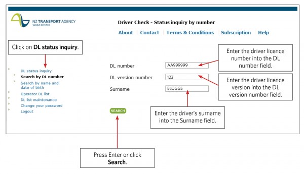 Driver Check - status inquiry by number with instructions
