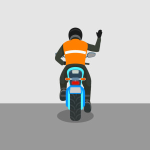 Back of blue motorcycle and rider with right arm extended and bent at the elbow so the hand is pointing straight up.