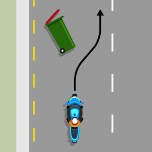 A blue motorcycle is travelling on a road. Ahead is a rubbish bin on its side. An arrow shows how the motorcycle will swerve to avoid the rubbish bin, while staying in their lane .