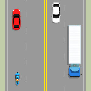A 4-lane road with solid double yellow lines down the centre. On the left, a blue motorcycle and red car are travelling in the left lane. On the right, a white car is passing a truck blocking the left lane.