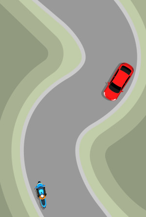 Curved unlaned road with blue motorcycle and red car keeping left