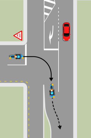 A motorcycle waits at a give way sign in a side street, indicating to turn right. Black arrows show the path the motorcycle takes, turning into a merge lane, then a clear space in the traffic.