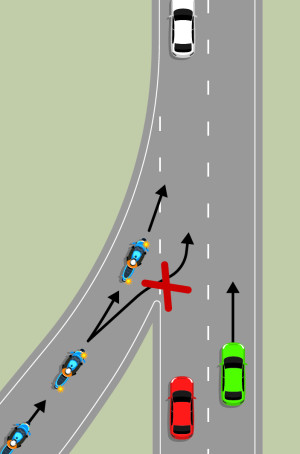 A blue motorcycle is using the on-ramp to get on the motorway. Black arrows indicate the motorcycle's path of travel. A red cross shows the motorcycle should not enter at a sharp angle because it's too close to oncoming traffic.