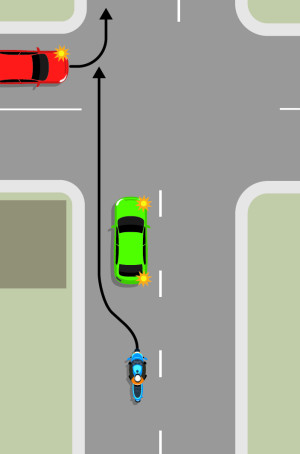 A blue motorcycle is passing a green car stopped to turn right. The green car is blocking the view of the red car waiting to turn left from a side street.