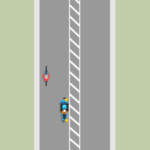 A blue motorcycle indicates right to pass a cyclist in the same lane.