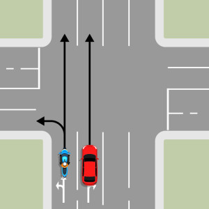A 4-laned cross intersection. A blue motorcycle and red car travel in separate lanes, in the same direction. Black arrows show the motorcycle on the inside lane can turn left or travel straight ahead, but the red car can only travel straight ahead.
