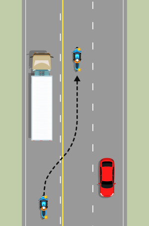 A one-laned road and a 2-laned road. A solid yellow line is shown in the centre of these roads, on the 2-laned side. A motorcycle in the one-laned road crosses the centre and yellow line, to pass a truck in front.