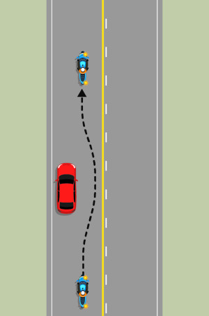 A blue motorcycle indicates right and passes a red car but stays in the same lane. The solid yellow no passing line is on the left side of the centre line, the right shows broken white lines.