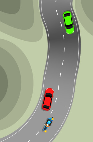 A blue motorcycle is attempting to pass a red car, the green car travelling towards them is closer than 100 metres. A red X indicates this is the wrong thing to do.