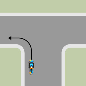 A blue motorcycle indicating and turning left.