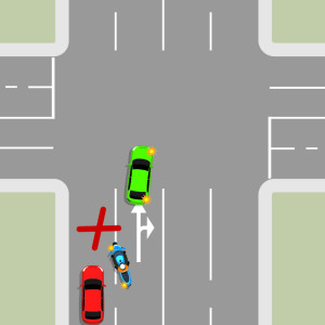 At an intersection, a green car and a blue motorcycle are travelling in the right lane, a red car is not far behind in the left lane. The blue motorcycle decides to change lanes suddenly, cutting off the red car. A red X shows this is wrong. 
