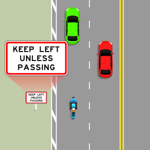 A 2 laned road with a green car and blue motorcycle in the left-hand lane, and a red car in the right-hand lane. They all travel in the same direction. A sign next to the road is magnified, it reads keep left unless passing.
