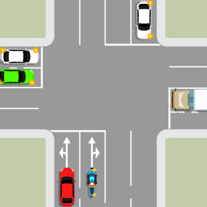 At a 4 laned intersection, a white car is turning left. A white truck is in a right-hand lane. A blue motorcycle is turning right. A red car is turning left  and a green car is turning right. All vehicles must stay in their lanes through the intersection.