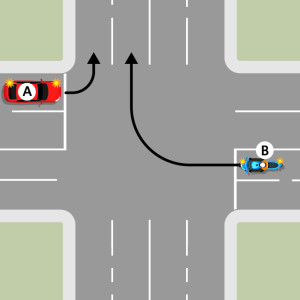 The red car is in the left lane and turning left. They must turn left into the left-hand lane of the new road. On the opposite road the blue motorcycle is in the right lane and turning right. They must turn right into the right-hand lane. 