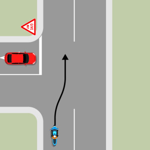 A red car is waiting at an intersection. A blue motorcycle is going along the opposing road. A black arrow shows the motorcycle moving to the centre line as it approaches the red car.