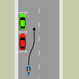 A blue motorcycle is about to pass a green car and a red car parked on the left. A black arrow shows the motorcycle will move to the centre line as it passes.