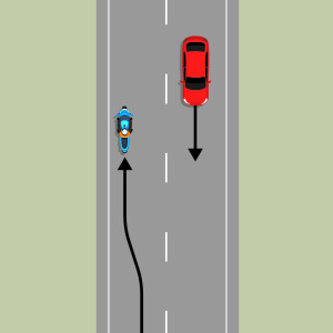 A blue motorcycle and a red car are passing each other in opposite directions a black arrow shows the motorcycle moved from the centre of the lane to the left of the lane. 