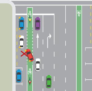 A red car is blocking a cycle-only lane on a multi-laned road. There's a red cross over the red car to show they shouldn't do this.