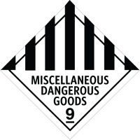 A white diamond sign with a black border, thick black vertical stripes covering the top half of the sign and black text saying miscellaneous dangerous goods and the number 9 