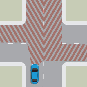 A 4 way intersection with the areas shaded that a driver should check.