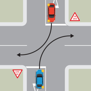 Two vehicles are stopped opposite each other at give way signs at an intersection. They are both indicating to turn right. Black arrows indicate the path they take to turn right.  