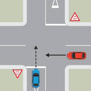 A blue car is travelling straight through a 4-way intersection. A red car is approaching from the right on the intersecting road, also travelling straight through. The blue car is behind a give way sign and white line.