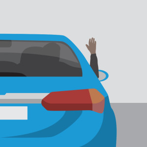 Back of blue car with driver putting arm out the window and bending the elbow at a right angle so the hand is pointing straight up.