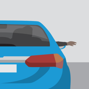 Back of blue car with driver putting their hand out the window to indicate turning right.