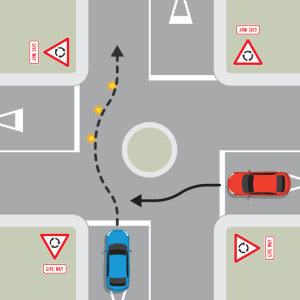 A blue car is approaching a single-laned roundabout with four exits, each with give way signs. To the right of the blue car, a red car is approaching the roundabout. Neither car is indicating. The blue car must give way to the red car.