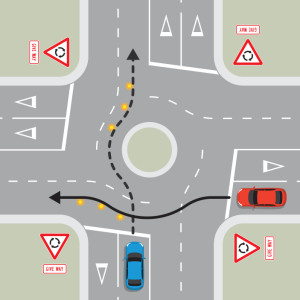 A blue car is approaching a multi-laned roundabout with four exits. On the blue car's right, a red car is approaching the roundabout to go straight through. The blue car is indicating left. The blue car must give way to the red car.