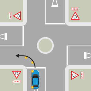 A blue car is approaching a single-laned roundabout with four exits, each with give way signs. The blue car is indicating to turn left.