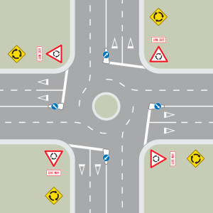 A multi-laned roundabout with four exits, each with give way signs and yellow roundabout signs on the right corner of each road and blue keep left arrows in the centre of each road.