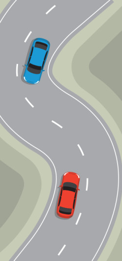 Curved laned road with blue car and red car keeping left