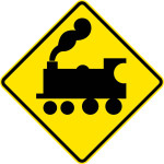 A yellow diamond with a black border and black steam train in the centre.
