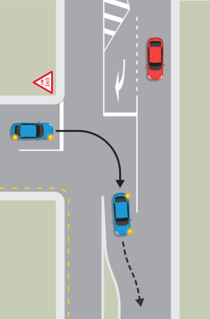 A car waiting at an intersection has an gap on one side of the road. There is a merge space in the middle of the road so the car can move accross the road to the merge space to wait for a gap on the other side of the road.