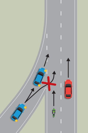 A blue car is entering the motorway. A red car is in the far right lane. Black arrows show the blue car should stay in the centre of the lane to enter. Another black arrow with a red X shows the car shouldn't enter from the on-ramp's right side.