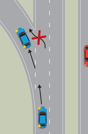 A blue car is using the off-ramp to exit the motorway. Black arrows show the car should stay in the centre of the lane and indicate left. Another black arrow with a red X shows the car should not swerve suddenly if it goes too far past the exit.
