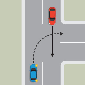 A blue car and a red car are travelling in opposite directions on the top of a T intersection. The blue car is indicating to turn right onto the bottom road, the red car is going straight ahead. The blue car must give way to the red car.