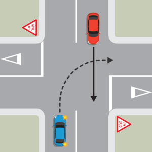 A blue car and a red car are travelling in opposite directions on the continuing road of a T intersection. The blue car is indicating to turn right , the red car is going straight ahead. The blue car must give way to the red car. 