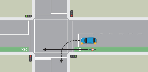 A blue car and a cyclist are a approaching a green light at an intersection. The blue car is turning left. The cyclist is in the bicycle lane and is travelling straight through. The blue car must give way to the cyclist.