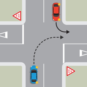 A blue car is indicating right at a 4-way intersection controlled by give way signs. An oncoming red car is indicating left. Neither have give way signs. The blue car must give way to the red car.